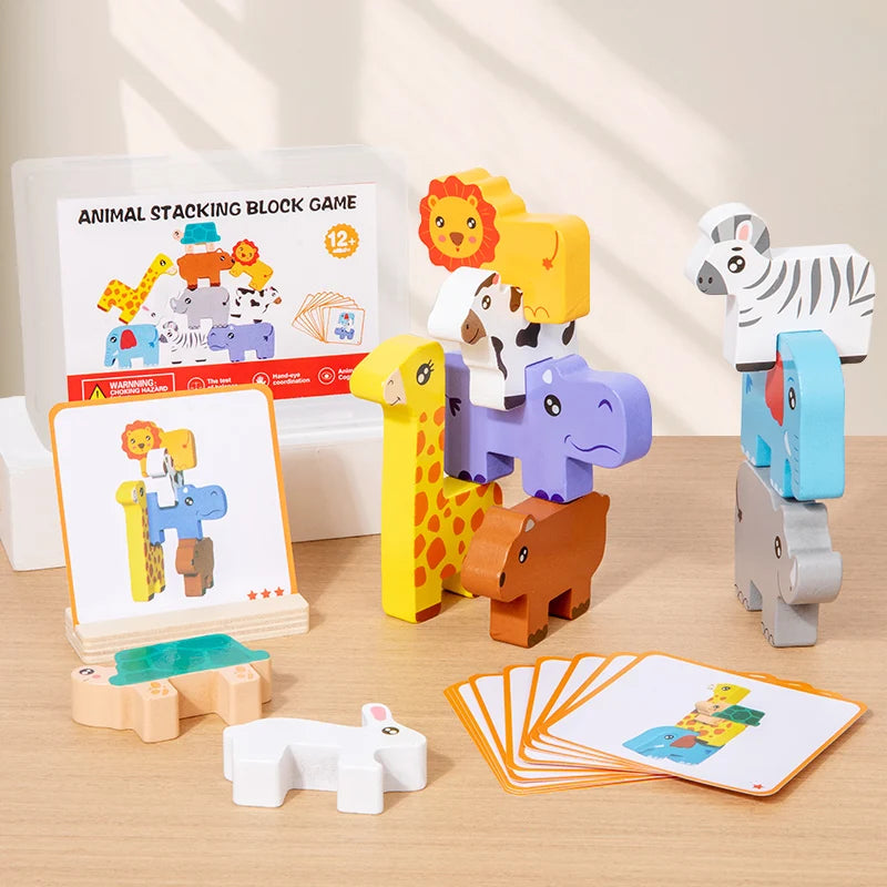 Wooden animal stacking block game, Montessori shape matching and balance toy for kids