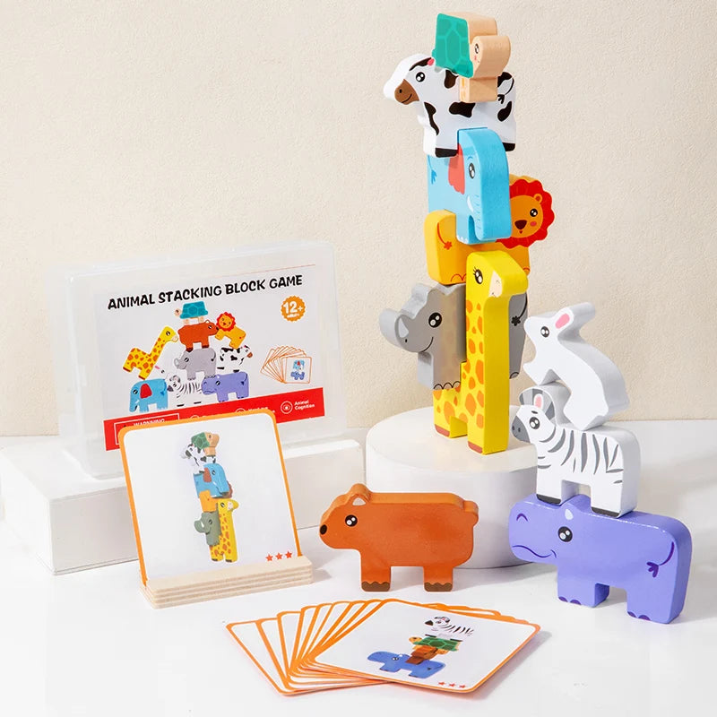 Wooden animal stacking block game, Montessori shape matching and balance toy for kids