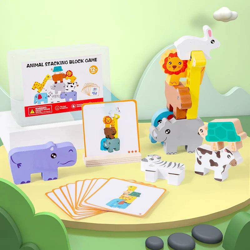Wooden animal stacking block game, Montessori shape matching and balance toy for kids