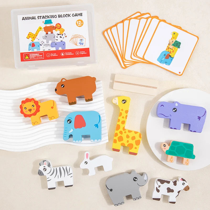 Wooden animal stacking block game, Montessori shape matching and balance toy for kids
