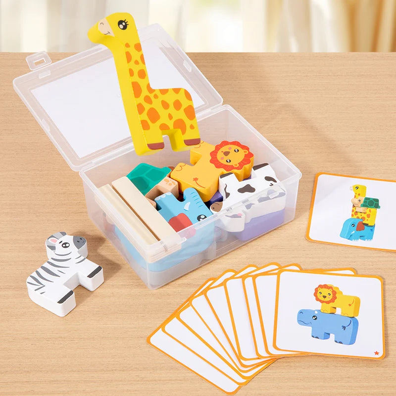 Wooden animal stacking block game, Montessori shape matching and balance toy for kids