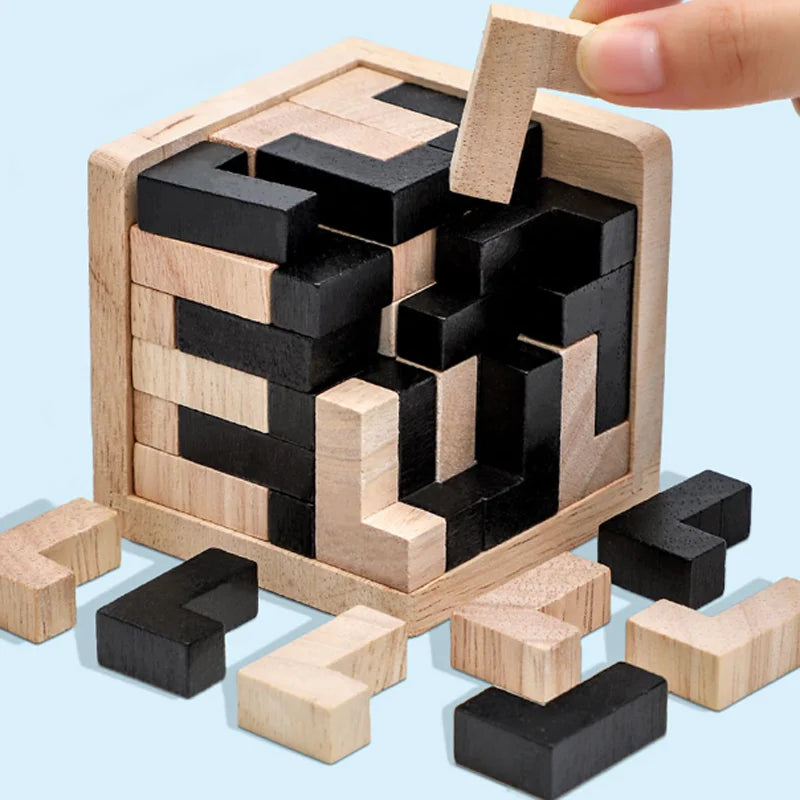 Luban interlocking wooden cube brain teaser puzzle for adults and kids, screen-free logic toy