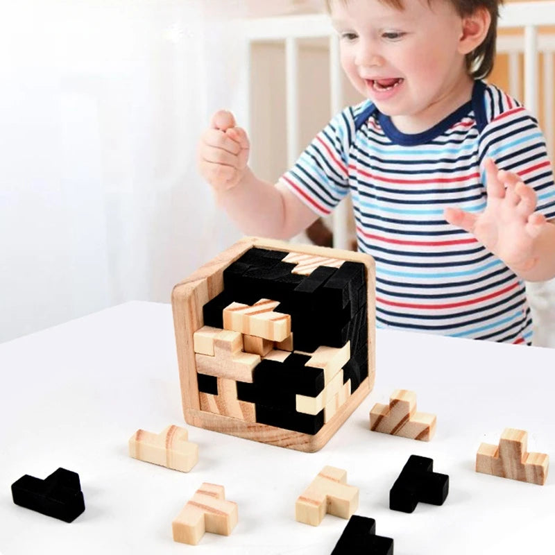 Luban interlocking wooden cube brain teaser puzzle for adults and kids, screen-free logic toy