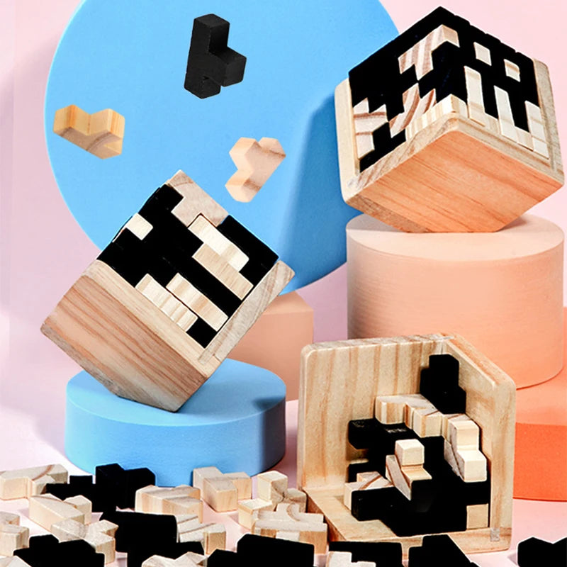 Luban interlocking wooden cube brain teaser puzzle for adults and kids, screen-free logic toy