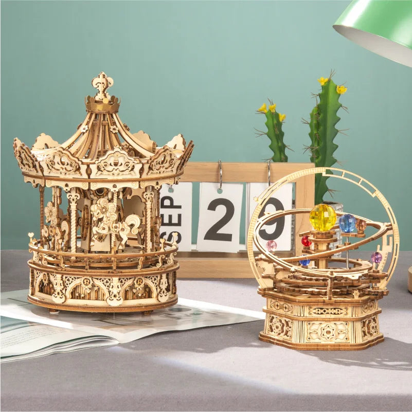 3D wooden carousel music box puzzle, 336-piece rotatable DIY model kit