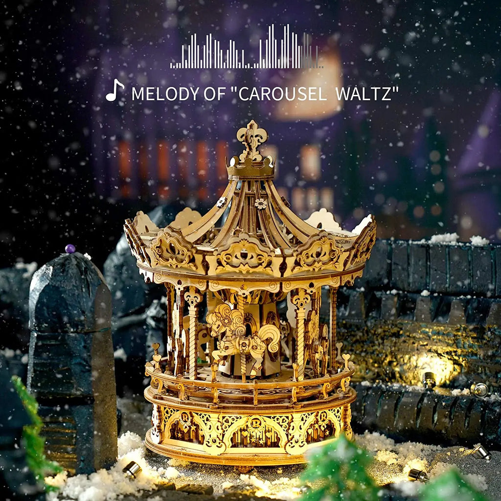 3D wooden carousel music box puzzle, 336-piece rotatable DIY model kit