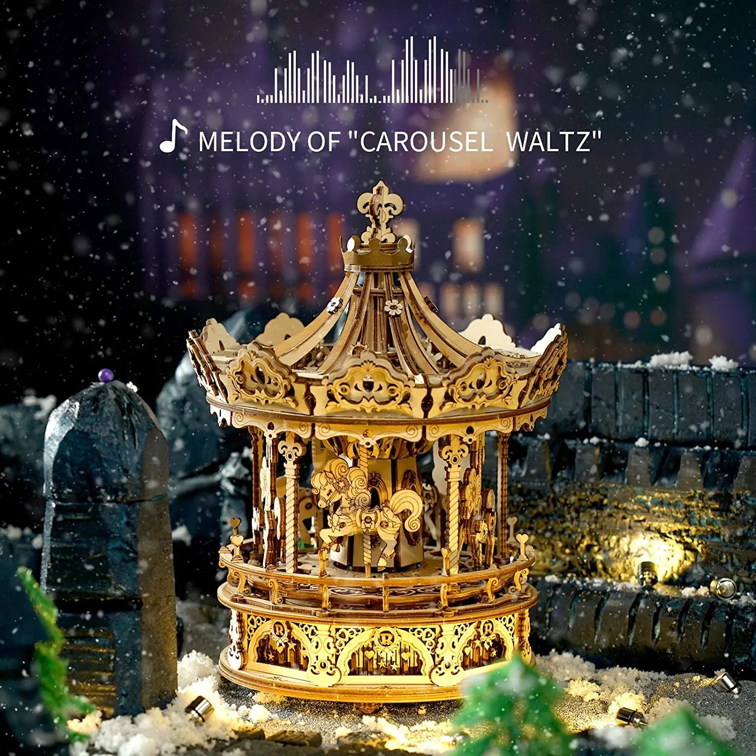 3D wooden carousel music box puzzle, 336-piece rotatable DIY model kit