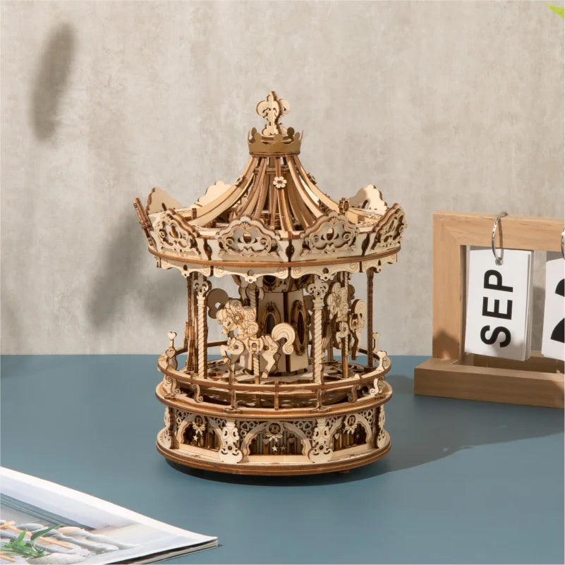 3D wooden carousel music box puzzle, 336-piece rotatable DIY model kit