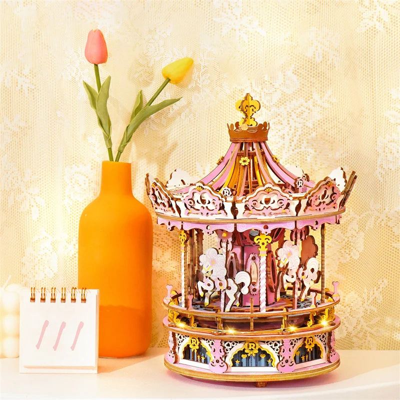3D wooden carousel music box puzzle, 336-piece rotatable DIY model kit