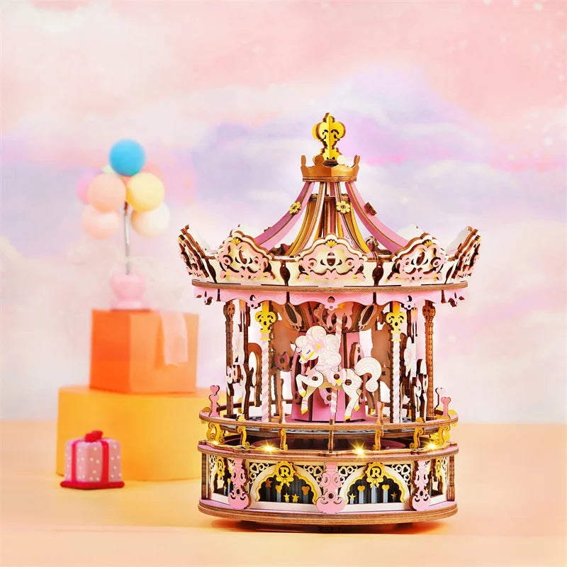 3D wooden carousel music box puzzle, 336-piece rotatable DIY model kit